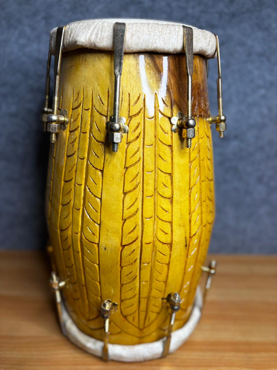 Sheesham Wood Yellow Textured Dholak with Leaf Design