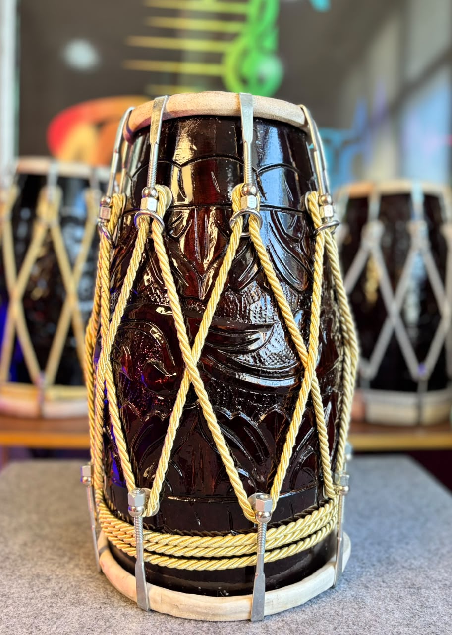 Pakka Sheesham Wood Flower Nakkashi Dholak – Natural Wooden Finish