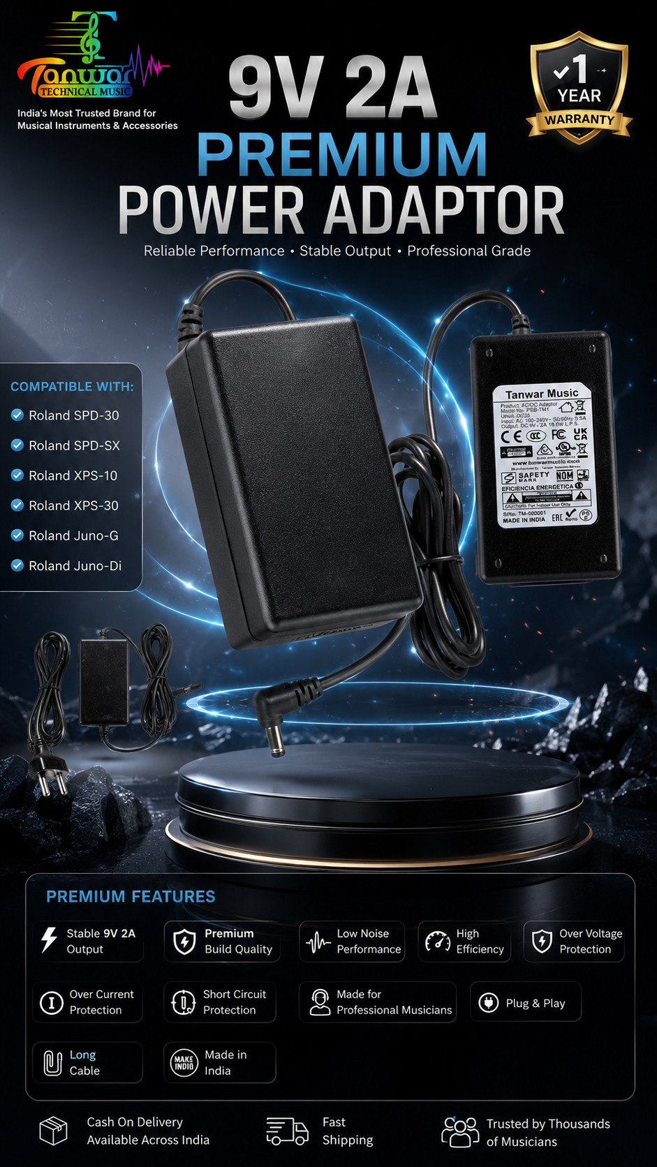 Tanwar Music Premium 9V 2A Power Adaptor for Roland XPS 10 Keyboard
