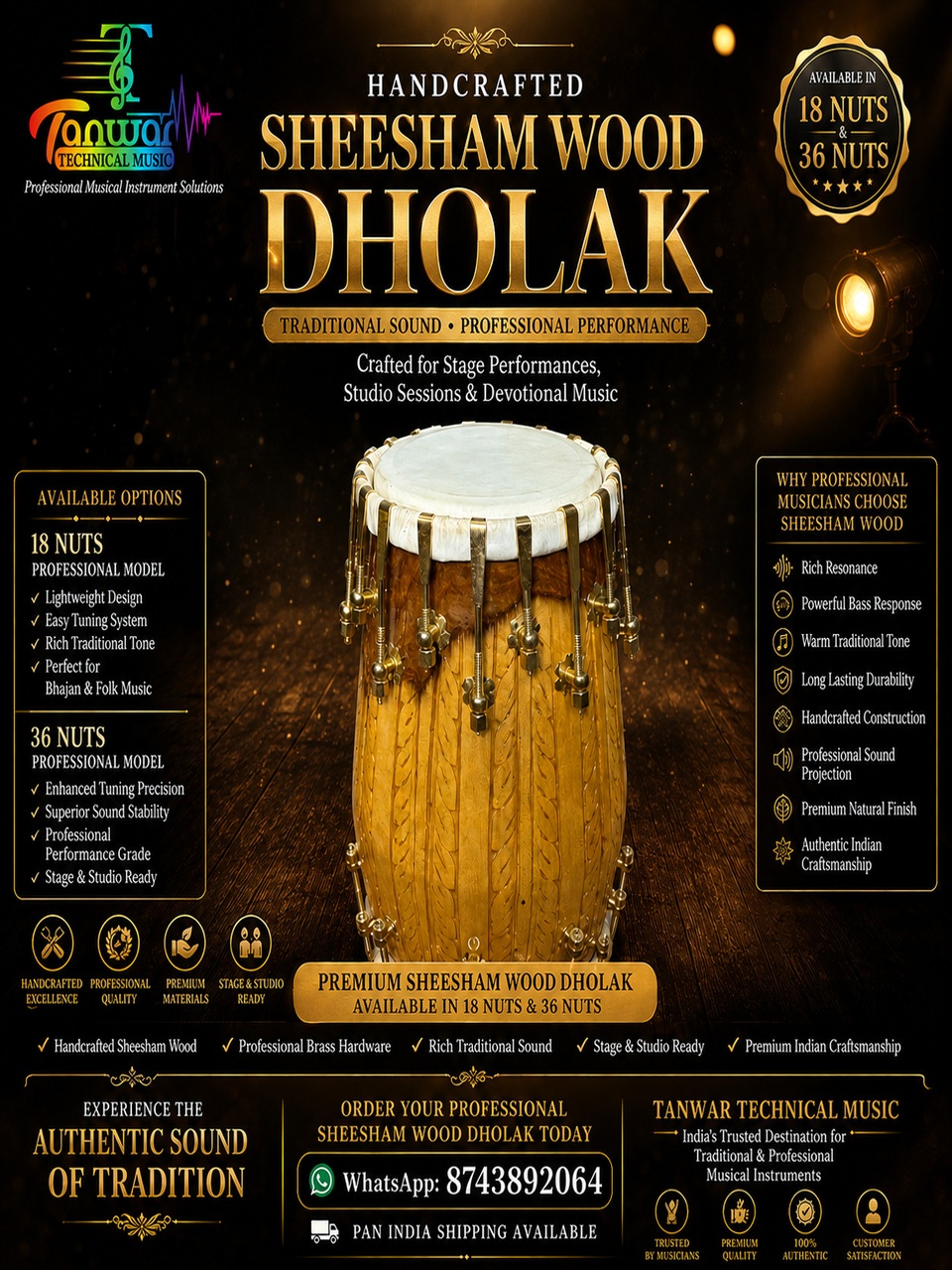 Sheesham Wood Yellow Textured Dholak with Leaf Design